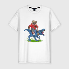 Мужская футболка хлопок Slim с принтом Мопс на динозавре в Петрозаводске, 92% хлопок, 8% лайкра | приталенный силуэт, круглый вырез ворота, длина до линии бедра, короткий рукав | Тематика изображения на принте: дикий | динозавр | кеды | мопс | собака | тирекс | хипстер