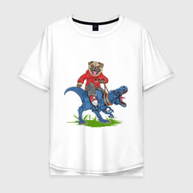 Мужская футболка хлопок Oversize с принтом Мопс на динозавре в Петрозаводске, 100% хлопок | свободный крой, круглый ворот, “спинка” длиннее передней части | Тематика изображения на принте: дикий | динозавр | кеды | мопс | собака | тирекс | хипстер