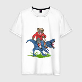 Мужская футболка хлопок с принтом Мопс на динозавре в Петрозаводске, 100% хлопок | прямой крой, круглый вырез горловины, длина до линии бедер, слегка спущенное плечо. | дикий | динозавр | кеды | мопс | собака | тирекс | хипстер