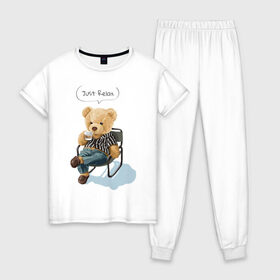 Женская пижама хлопок с принтом Just Relax в Петрозаводске, 100% хлопок | брюки и футболка прямого кроя, без карманов, на брюках мягкая резинка на поясе и по низу штанин | игрушка | кофе | медведь | милый | релакс | сидящий | стул | чилл