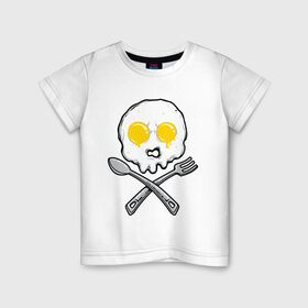 Детская футболка хлопок с принтом Череп яичница в Петрозаводске, 100% хлопок | круглый вырез горловины, полуприлегающий силуэт, длина до линии бедер | Тематика изображения на принте: вилка | еда | завтрак | ложка | пиратский | флаг | череп | яичница | яйца