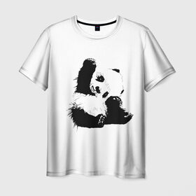 Мужская футболка 3D с принтом Панда минимализм в Петрозаводске, 100% полиэфир | прямой крой, круглый вырез горловины, длина до линии бедер | animal | bear | beast | black | minimalism | panda | white | белое | животное | зверь | краски | медведь | минимализм | панда | чернила | черно белое | черное