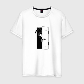 Мужская футболка хлопок с принтом Смерть за дверью в Петрозаводске, 100% хлопок | прямой крой, круглый вырез горловины, длина до линии бедер, слегка спущенное плечо. | дверь | коса | монстр | скелет | страшный | череп
