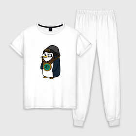 Женская пижама хлопок с принтом Крутой Пингвин в Петрозаводске, 100% хлопок | брюки и футболка прямого кроя, без карманов, на брюках мягкая резинка на поясе и по низу штанин | бастард | крутой пингвин | пингвин | рисунок | хулиган
