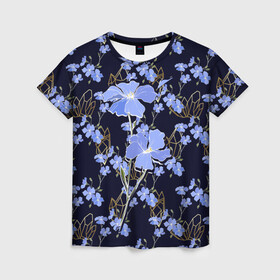 Женская футболка 3D с принтом Незабудки в Петрозаводске, 100% полиэфир ( синтетическое хлопкоподобное полотно) | прямой крой, круглый вырез горловины, длина до линии бедер | весна | кристаллы | незабудка | полевые цветы | цветы