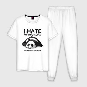 Мужская пижама хлопок с принтом I Hate Morning And People в Петрозаводске, 100% хлопок | брюки и футболка прямого кроя, без карманов, на брюках мягкая резинка на поясе и по низу штанин
 | Тематика изображения на принте: and | hate | i | morning | mornings | panda | people | людей | люди | ненавижу | панда | утро