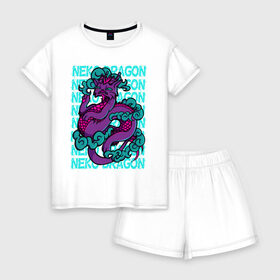 Женская пижама с шортиками хлопок с принтом котик дракон в Петрозаводске, 100% хлопок | футболка прямого кроя, шорты свободные с широкой мягкой резинкой | cat | cute | dragon | harajuku | kawaii | neko | вектор | дракон | кот | котик | облака | ориентал