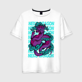 Женская футболка хлопок Oversize с принтом котик дракон в Петрозаводске, 100% хлопок | свободный крой, круглый ворот, спущенный рукав, длина до линии бедер
 | cat | cute | dragon | harajuku | kawaii | neko | вектор | дракон | кот | котик | облака | ориентал