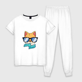 Женская пижама хлопок с принтом Очковая кошка в Петрозаводске, 100% хлопок | брюки и футболка прямого кроя, без карманов, на брюках мягкая резинка на поясе и по низу штанин | Тематика изображения на принте: домашняя кошка | кошка | мелус кот | милый кот | мышка | очки | очковая кошка | французская кошка