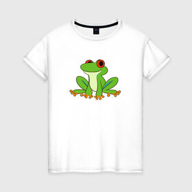 Женская футболка хлопок с принтом Лягушонок в Петрозаводске, 100% хлопок | прямой крой, круглый вырез горловины, длина до линии бедер, слегка спущенное плечо | животное | земноводное | лягушка | лягушонок | минимализм | рисунок