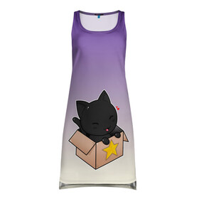 Платье-майка 3D с принтом черный котенок в коробке в Петрозаводске, 100% полиэстер | полуприлегающий силуэт, широкие бретели, круглый вырез горловины, удлиненный подол сзади. | арт | бокс | градиент | кавай | коробка | кот | котенок | котик | миленько | милота | рисунок