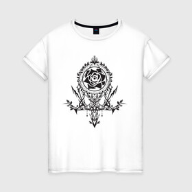 Женская футболка хлопок с принтом Клан в Петрозаводске, 100% хлопок | прямой крой, круглый вырез горловины, длина до линии бедер, слегка спущенное плечо | бедствие | герб клана | клан | логотип | рисунок | роза | самурай | чб | эмблема | япония