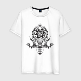 Мужская футболка хлопок с принтом Клан в Петрозаводске, 100% хлопок | прямой крой, круглый вырез горловины, длина до линии бедер, слегка спущенное плечо. | бедствие | герб клана | клан | логотип | рисунок | роза | самурай | чб | эмблема | япония