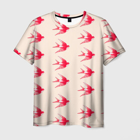 Мужская футболка 3D с принтом Синицы в Петрозаводске, 100% полиэфир | прямой крой, круглый вырез горловины, длина до линии бедер | быстрая | девочкам | девушкам | красная птица | птица | птицы | розовая | синица | синицы | стриж | стрижы