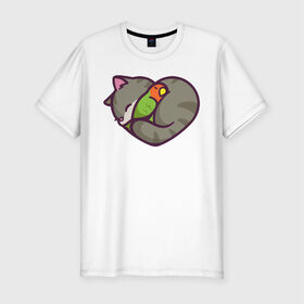 Мужская футболка хлопок Slim с принтом Кот - сердце в Петрозаводске, 92% хлопок, 8% лайкра | приталенный силуэт, круглый вырез ворота, длина до линии бедра, короткий рукав | животное | зверь | кот | кот   сердце | кошка | попугай | птицы