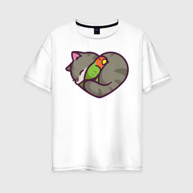 Женская футболка хлопок Oversize с принтом Кот - сердце в Петрозаводске, 100% хлопок | свободный крой, круглый ворот, спущенный рукав, длина до линии бедер
 | животное | зверь | кот | кот   сердце | кошка | попугай | птицы