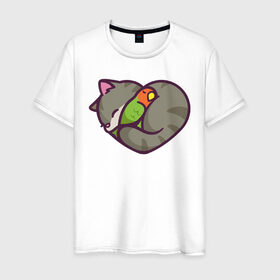 Мужская футболка хлопок с принтом Кот - сердце в Петрозаводске, 100% хлопок | прямой крой, круглый вырез горловины, длина до линии бедер, слегка спущенное плечо. | животное | зверь | кот | кот   сердце | кошка | попугай | птицы