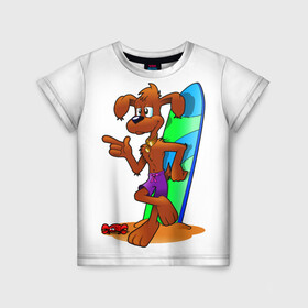 Детская футболка 3D с принтом Лыжная собака в Петрозаводске, 100% гипоаллергенный полиэфир | прямой крой, круглый вырез горловины, длина до линии бедер, чуть спущенное плечо, ткань немного тянется | вода | животное | краб | лыжи | лыжная собака | море | пляж | собака