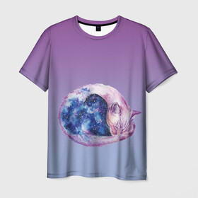 Мужская футболка 3D с принтом кот звездное небо спит в Петрозаводске, 100% полиэфир | прямой крой, круглый вырез горловины, длина до линии бедер | акварель | вселенная | галактика | звездное небо | звезды | клубочек | кот | кошка | магия | ночь | свернувшись | сны | спит | туманность | фантазии