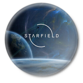 Значок с принтом Starfield в Петрозаводске,  металл | круглая форма, металлическая застежка в виде булавки | bethesda game studios | bethesda softworks | звездное | космос | планеты