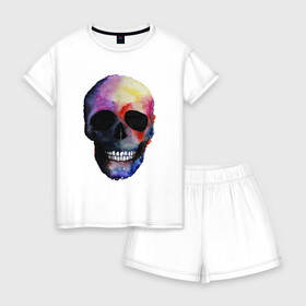 Женская пижама с шортиками хлопок с принтом Акварельный череп в Петрозаводске, 100% хлопок | футболка прямого кроя, шорты свободные с широкой мягкой резинкой | акварельный череп | анархия | скелет | череп