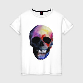 Женская футболка хлопок с принтом Акварельный череп в Петрозаводске, 100% хлопок | прямой крой, круглый вырез горловины, длина до линии бедер, слегка спущенное плечо | акварельный череп | анархия | скелет | череп