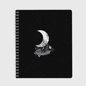 Тетрадь с принтом Moon Ship в Петрозаводске, 100% бумага | 48 листов, плотность листов — 60 г/м2, плотность картонной обложки — 250 г/м2. Листы скреплены сбоку удобной пружинной спиралью. Уголки страниц и обложки скругленные. Цвет линий — светло-серый
 | drift | drifting | float | floating | galaxy | milky | moon | planet | ship | space | spaceship | star | suit | surfing | to | travel | way | галактика | дрейф | звезда | корабль | космический | космонавт | космос | луна | млечный | планета | путешествие 