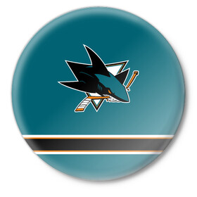 Значок с принтом Сан-Хосе Шаркс (Форма1) в Петрозаводске,  металл | круглая форма, металлическая застежка в виде булавки | акула | нхл | сан хосе шаркс | хоккей | шаркс форма