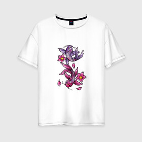 Женская футболка хлопок Oversize с принтом Рыбы цветы весна в Петрозаводске, 100% хлопок | свободный крой, круглый ворот, спущенный рукав, длина до линии бедер
 | весна | двое | нереальное сочетание | пара | подводный мир | рисунок | рыбки | рыбы | узор | фиолетовый | цветы