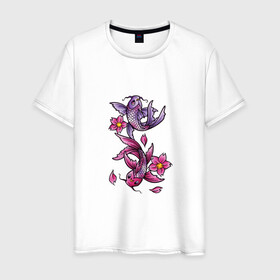 Мужская футболка хлопок с принтом Рыбы цветы весна в Петрозаводске, 100% хлопок | прямой крой, круглый вырез горловины, длина до линии бедер, слегка спущенное плечо. | весна | двое | нереальное сочетание | пара | подводный мир | рисунок | рыбки | рыбы | узор | фиолетовый | цветы