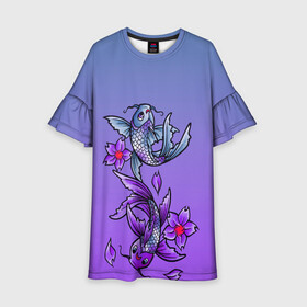 Детское платье 3D с принтом Рыбы и цветы в Петрозаводске, 100% полиэстер | прямой силуэт, чуть расширенный к низу. Круглая горловина, на рукавах — воланы | весна | градиент | двое | нереальное сочетание | пара | подводный мир | рыбки | рыбы | узор | фиолетовый | цветы