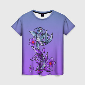 Женская футболка 3D с принтом Рыбы и цветы в Петрозаводске, 100% полиэфир ( синтетическое хлопкоподобное полотно) | прямой крой, круглый вырез горловины, длина до линии бедер | весна | градиент | двое | нереальное сочетание | пара | подводный мир | рыбки | рыбы | узор | фиолетовый | цветы