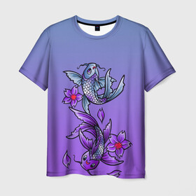 Мужская футболка 3D с принтом Рыбы и цветы в Петрозаводске, 100% полиэфир | прямой крой, круглый вырез горловины, длина до линии бедер | весна | градиент | двое | нереальное сочетание | пара | подводный мир | рыбки | рыбы | узор | фиолетовый | цветы