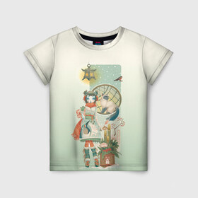 Детская футболка 3D с принтом девушка кимоно зима Япония кот в Петрозаводске, 100% гипоаллергенный полиэфир | прямой крой, круглый вырез горловины, длина до линии бедер, чуть спущенное плечо, ткань немного тянется | аниме | девушка | зима | кимоно | кот | снегирь | стиль | традиционная одежда | тросник | фонарь | япония