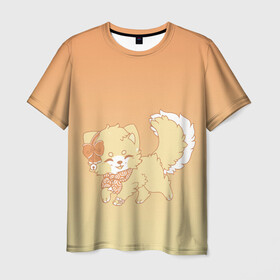 Мужская футболка 3D с принтом милашный зверек в Петрозаводске, 100% полиэфир | прямой крой, круглый вырез горловины, длина до линии бедер | бантик | галстук | кавай | колокольчик | кот | котик | кошка | мех | модный | мягкий | мяконький | пес | песик | собака | улыбка | уши | хвост | щенок