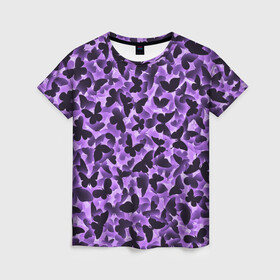 Женская футболка 3D с принтом Сиреневые бабочки в Петрозаводске, 100% полиэфир ( синтетическое хлопкоподобное полотно) | прямой крой, круглый вырез горловины, длина до линии бедер | бабочка | мотыльки | насекомые | паттерн | силуэт | узор | фиолетовый