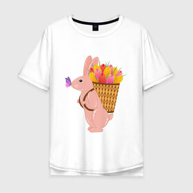 Мужская футболка хлопок Oversize с принтом Весенний кролик с цветами в Петрозаводске, 100% хлопок | свободный крой, круглый ворот, “спинка” длиннее передней части | бабочка | зайчик | кролик | тюльпаны | цветы