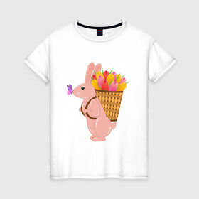 Женская футболка хлопок с принтом Весенний кролик с цветами в Петрозаводске, 100% хлопок | прямой крой, круглый вырез горловины, длина до линии бедер, слегка спущенное плечо | бабочка | зайчик | кролик | тюльпаны | цветы