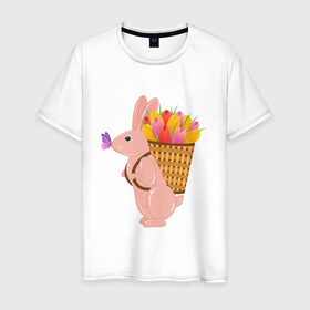 Мужская футболка хлопок с принтом Весенний кролик с цветами в Петрозаводске, 100% хлопок | прямой крой, круглый вырез горловины, длина до линии бедер, слегка спущенное плечо. | бабочка | зайчик | кролик | тюльпаны | цветы