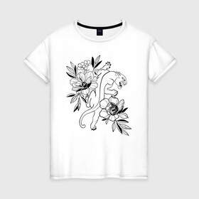Женская футболка хлопок с принтом кошка с цветами тату  в Петрозаводске, 100% хлопок | прямой крой, круглый вырез горловины, длина до линии бедер, слегка спущенное плечо | tatoo | азия | ботаника | луна | скульптура | тату | тренд | цветок | цветы