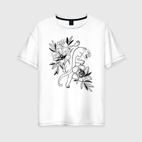 Женская футболка хлопок Oversize с принтом кошка с цветами тату  в Петрозаводске, 100% хлопок | свободный крой, круглый ворот, спущенный рукав, длина до линии бедер
 | tatoo | азия | ботаника | луна | скульптура | тату | тренд | цветок | цветы
