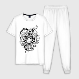 Мужская пижама хлопок с принтом тигр и змея  в Петрозаводске, 100% хлопок | брюки и футболка прямого кроя, без карманов, на брюках мягкая резинка на поясе и по низу штанин
 | tatoo | ботаника | змея | иероглифы | тату | тигр | тренд | цветок