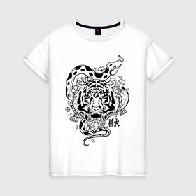 Женская футболка хлопок с принтом тигр и змея  в Петрозаводске, 100% хлопок | прямой крой, круглый вырез горловины, длина до линии бедер, слегка спущенное плечо | tatoo | ботаника | змея | иероглифы | тату | тигр | тренд | цветок