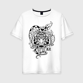 Женская футболка хлопок Oversize с принтом тигр и змея  в Петрозаводске, 100% хлопок | свободный крой, круглый ворот, спущенный рукав, длина до линии бедер
 | tatoo | ботаника | змея | иероглифы | тату | тигр | тренд | цветок
