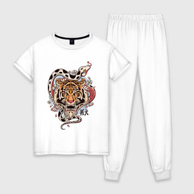 Женская пижама хлопок с принтом тигр  со змеей  в Петрозаводске, 100% хлопок | брюки и футболка прямого кроя, без карманов, на брюках мягкая резинка на поясе и по низу штанин | Тематика изображения на принте: tatoo | ботаника | змея | иероглифы | тату | тигр | тренд | цветок