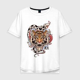 Мужская футболка хлопок Oversize с принтом тигр  со змеей  в Петрозаводске, 100% хлопок | свободный крой, круглый ворот, “спинка” длиннее передней части | Тематика изображения на принте: tatoo | ботаника | змея | иероглифы | тату | тигр | тренд | цветок
