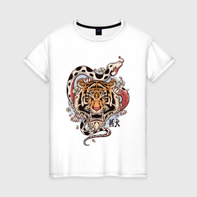 Женская футболка хлопок с принтом тигр  со змеей  в Петрозаводске, 100% хлопок | прямой крой, круглый вырез горловины, длина до линии бедер, слегка спущенное плечо | tatoo | ботаника | змея | иероглифы | тату | тигр | тренд | цветок
