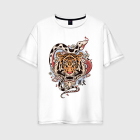 Женская футболка хлопок Oversize с принтом тигр  со змеей  в Петрозаводске, 100% хлопок | свободный крой, круглый ворот, спущенный рукав, длина до линии бедер
 | tatoo | ботаника | змея | иероглифы | тату | тигр | тренд | цветок