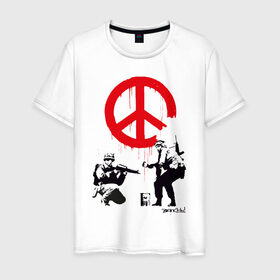 Мужская футболка хлопок с принтом Make peace no war | Banksy в Петрозаводске, 100% хлопок | прямой крой, круглый вырез горловины, длина до линии бедер, слегка спущенное плечо. | art | banksy | street art | арт | бэнкси | граффити | со смыслом | сосмыслом | стритарт