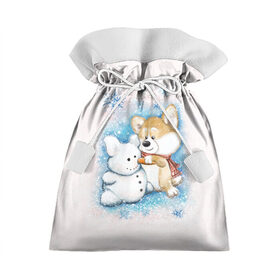 Подарочный 3D мешок с принтом Корги и снеговик в Петрозаводске, 100% полиэстер | Размер: 29*39 см | Тематика изображения на принте: зима | корги | малыш | снеговик | снежинки | собака | щенок